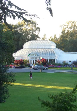 A person walking on the green lawn before a white Aboretum.