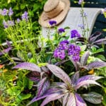 Tan chair sitting on wooden deck with straw hat hangin on corner surrounded by greenery and purple flowers