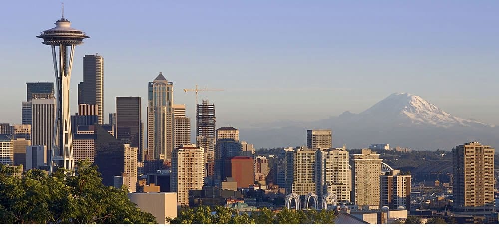 Seattle skyline in the foreground with mountains in the background.