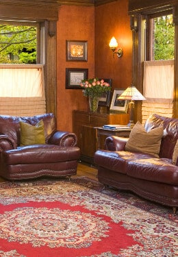 Leather furniture in large room with rug by windows with shades, stand with flowers in corner and lamp on second stand